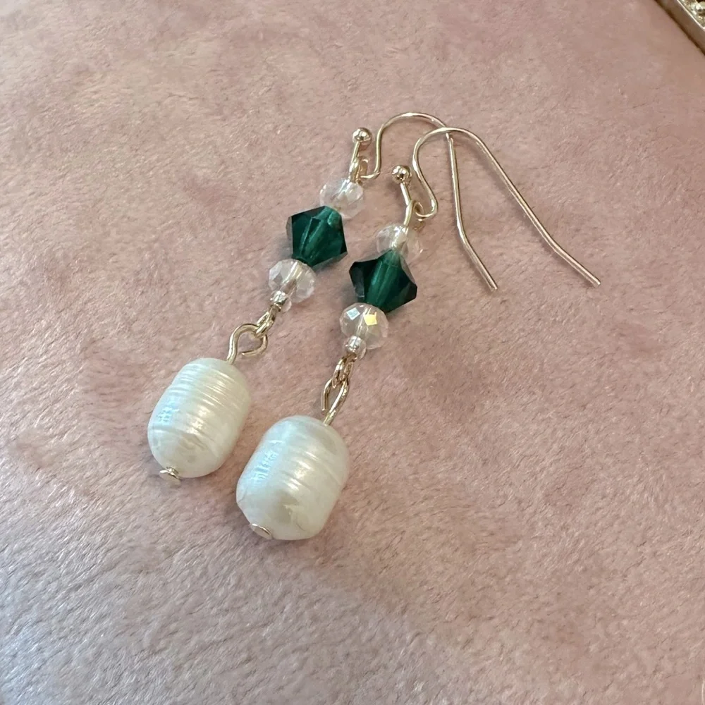 Handmade Pink & Green Crystal Freshwater Pearl Dainty Dangle Earrings Gold Tone - Picture 6 of 8